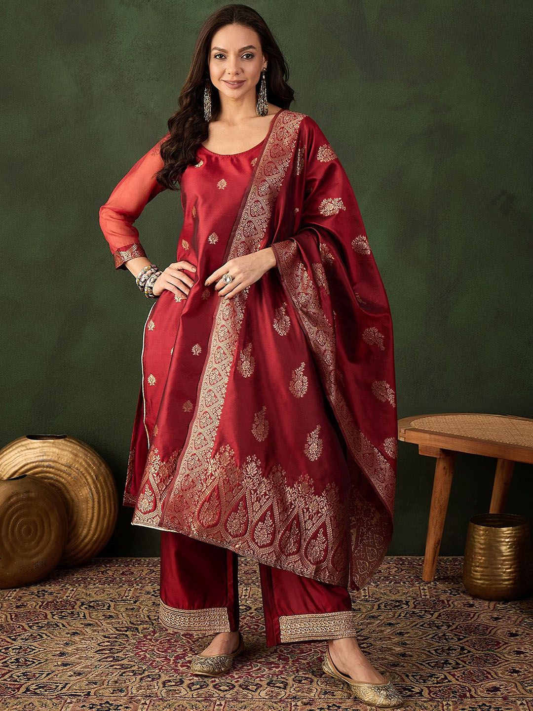 Sangria Woven Design Kurta & Palazzo With Dupatta
