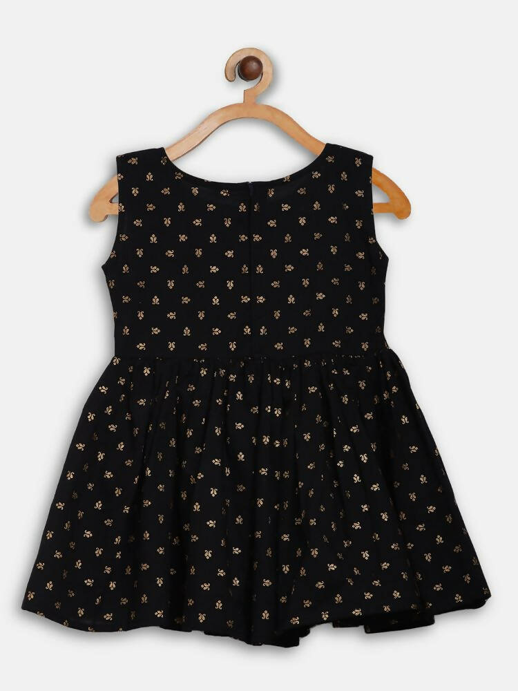 Ahalyaa Black Cotton Gold Print Kids Kurta Sharara Sets For Girls