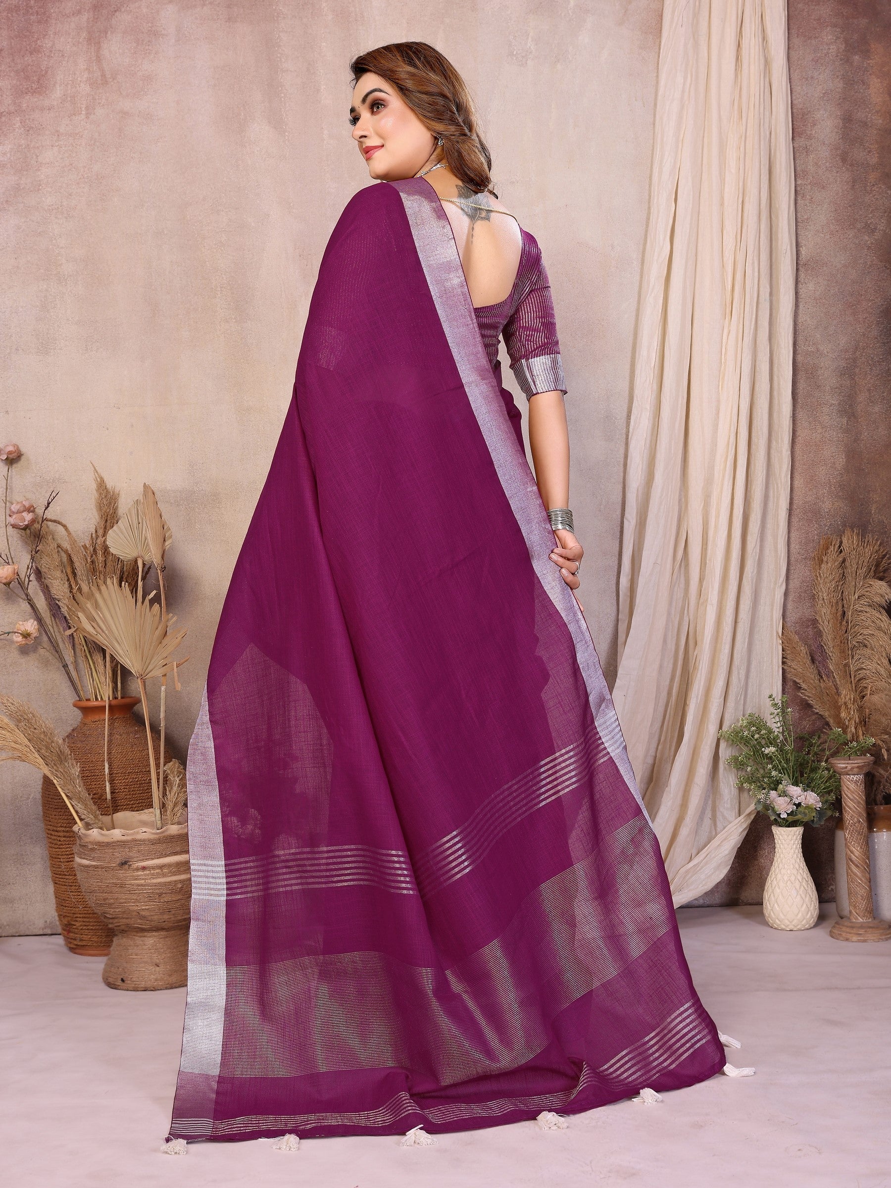 Anaita Purple Weaving Linen Cotton Saree With Blouse - Distacart