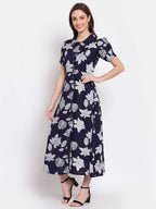 Myshka Women's Navy Blue Printed Cotton Short Sleeve Collar Neck Casual Dress