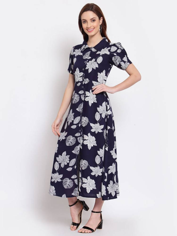 Myshka Women's Navy Blue Printed Cotton Short Sleeve Collar Neck Casual Dress