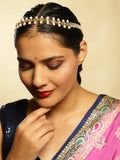 Gold-Plated White Kundan-Studded Pearl Beaded Hair Band - Ruby Raang - Distacart