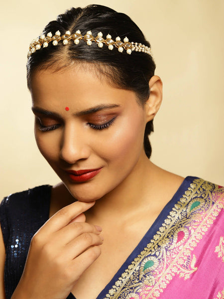 Gold-Polished White Kundan-Studded Pearl Beaded Hair Band - Ruby Raang