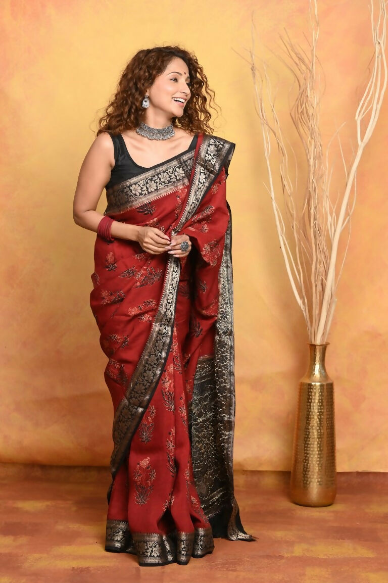 Very Much Indian Modal Silk Ajrakh Handblock Printed Natural Dyes With Designer Border Saree - Red