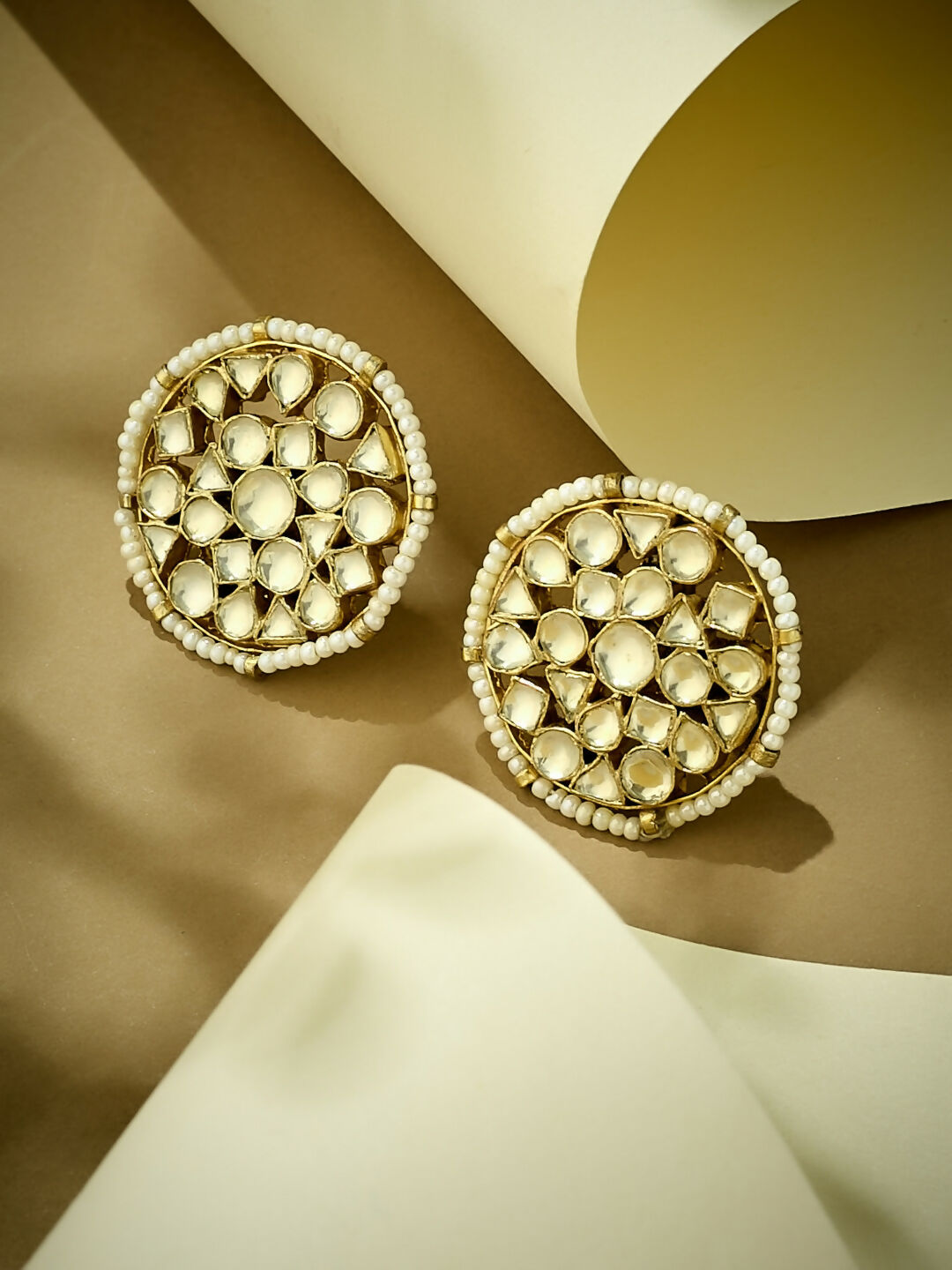 Nuyug 22K Gold-Plated Elegant Kundan Stone Studded & Pearl Beaded Disc Studs - Distacart