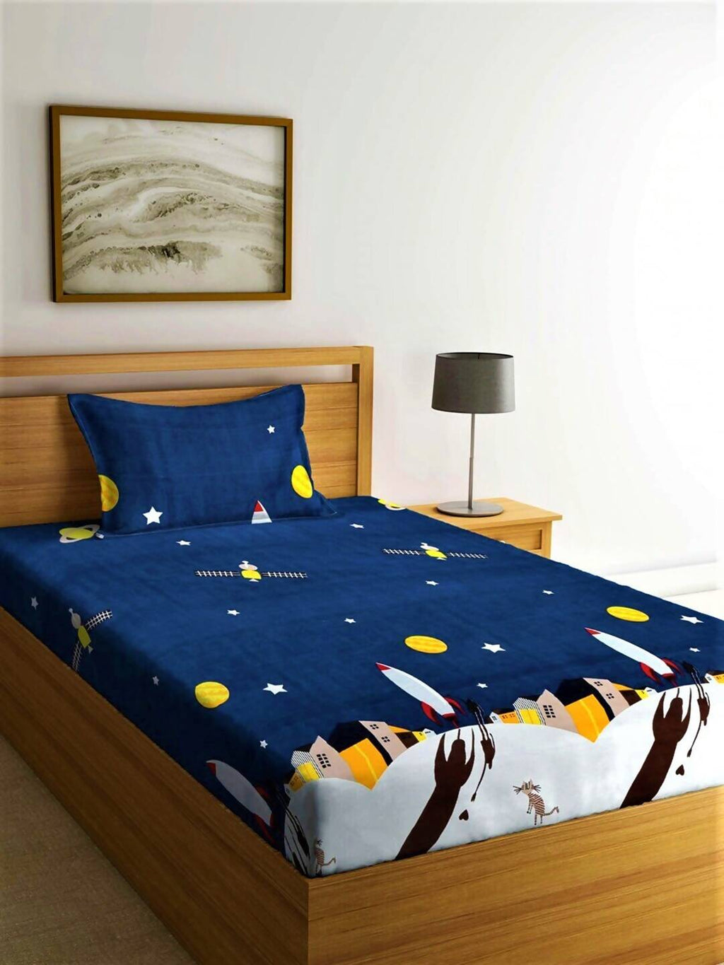 Home Sizzler Blue & Yellow Cartoon Characters 144 TC Bedsheet with Pillow Covers