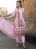 Juniper Women's Lilac Cambric Floral Placement Printed Straight Fit Kurta Sets - Distacart