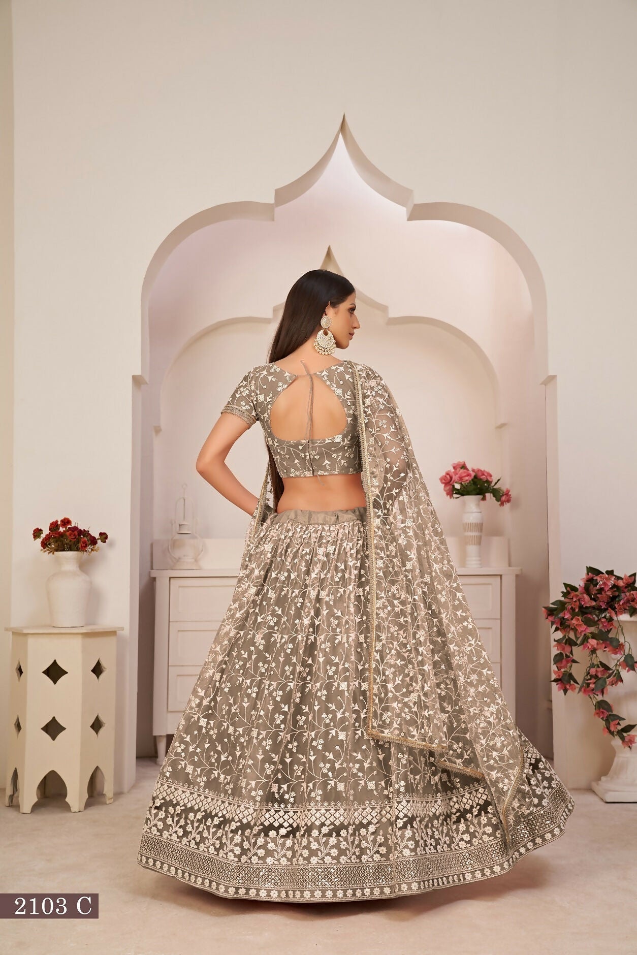 Eilara Chocolate Brown Net White Thread Zari Sequence Embroidered Work Lehenga Choli
