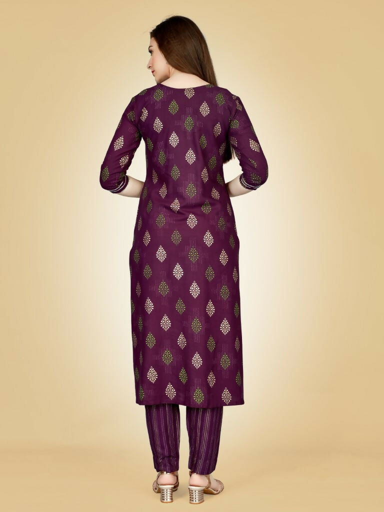Jyoti Fashion Women's Wine Viscose Rayon Embroidered Kurta Pant Set