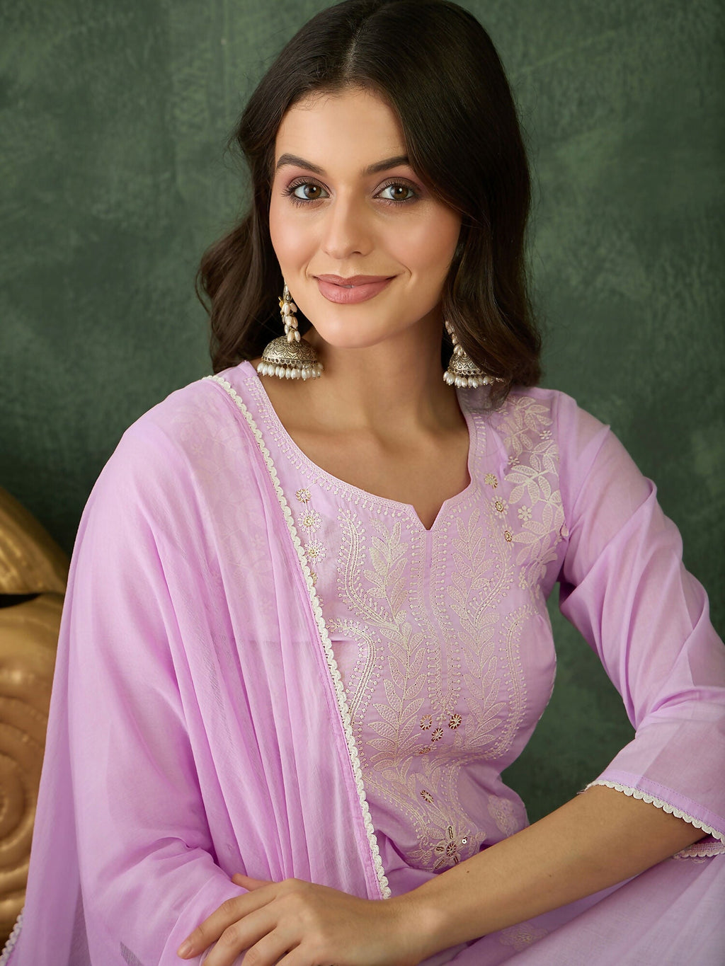 The52 Purple Women's Gorgeous Cotton Blend Fabric Thread Work Straight Kurta, Pant and Dupatta Set - Distacart