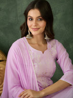 The52 Purple Women's Gorgeous Cotton Blend Fabric Thread Work Straight Kurta, Pant and Dupatta Set - Distacart
