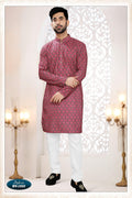 Joban Fashion Men's Redish Wine Straight Rayon Thread And Sequence Embroidery All Over Kurta Set