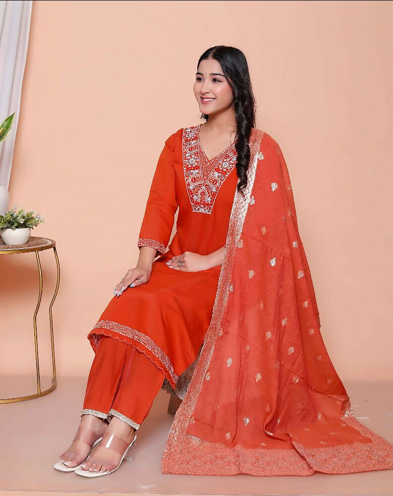 Miravan Womens Orange Embroidered Straight Kurta With Palazzo And Dupatta Set - Distacart