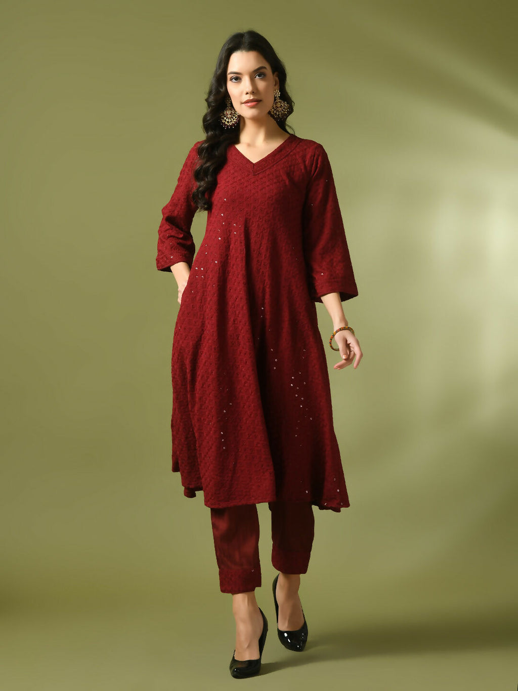 Myshka Women's Maroon Embroidered Cotton A-Line Party Kurta Set