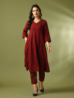 Myshka Women's Maroon Embroidered Cotton A-Line Party Kurta Set