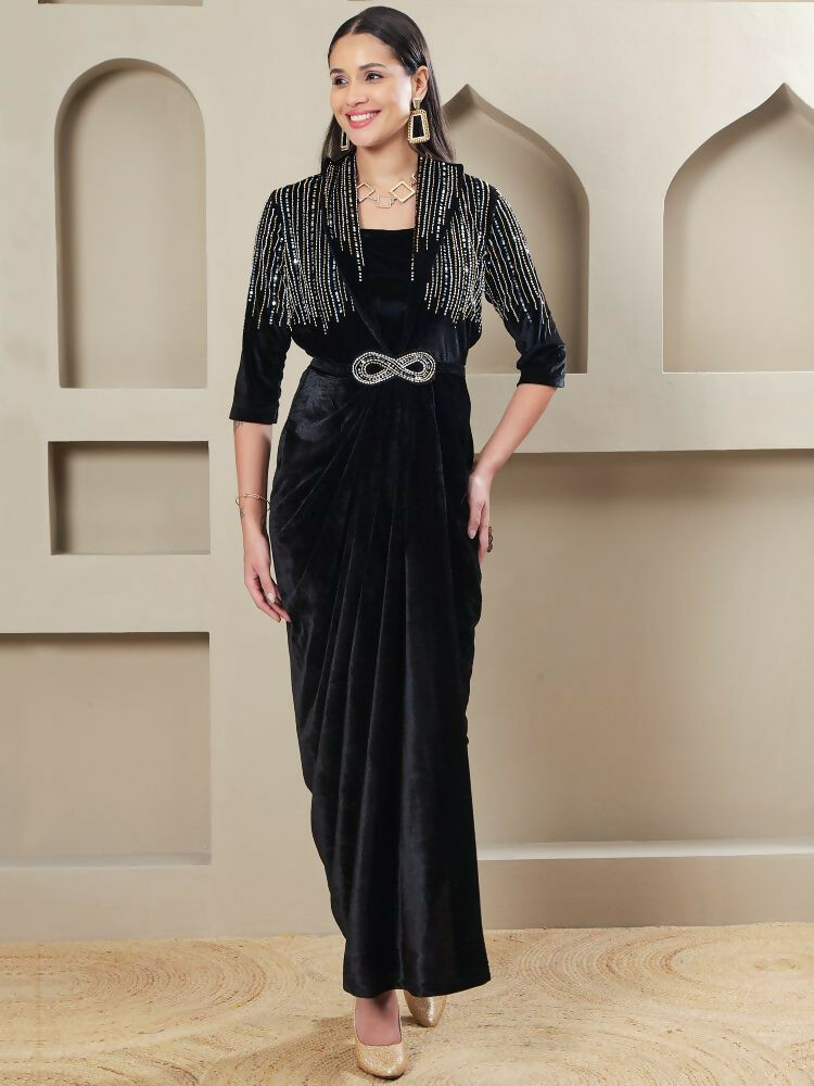 Joban Fashion Women Black Velvet Hand Embellishment Stitched Dress - Distacart