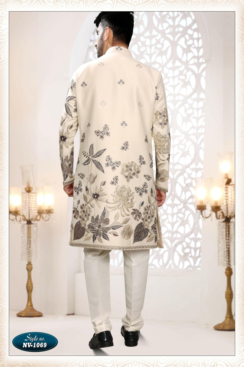Joban Fashion Men's Cream Straight Malai Silk Thread And Sequence Embroidery All Over 3 Pc Kurta Set