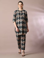 Myshka Women's Multi Printed Cotton Round Neck Party Tunic With Trousers Co-ord set