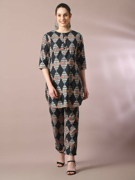 Myshka Women's Multi Printed Cotton Round Neck Party Tunic With Trousers Co-ord set