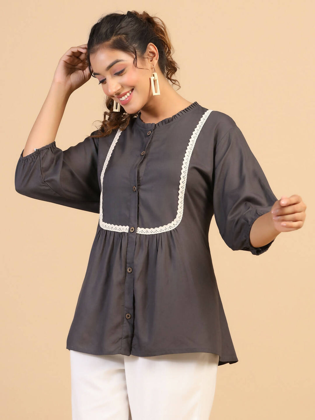 Womens Grey Rayon Solid Top - Keeva