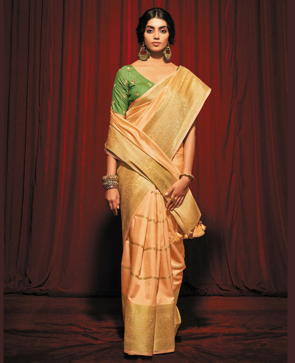 Peach Silk Striped Pattren Saree With Unstitched Blouse Piece - Zyanya