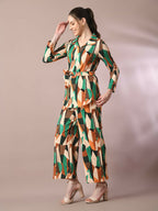 Myshka Women's Multi Printed Polo Collar Party Top With Trousers Co-ord set