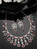 NVR Women Silver Plated & Maroon Cz Stone Handcrafted Jewellery Set