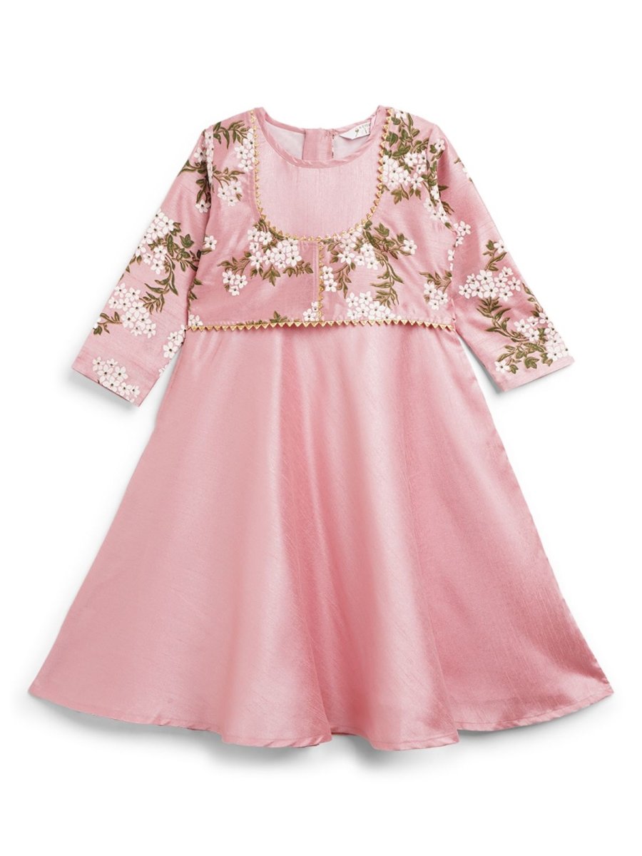 Ahalyaa Girls Pink Poly Silk Solid Kids Kurta With Printed Jacket