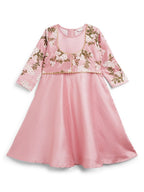 Ahalyaa Girls Pink Poly Silk Solid Kids Kurta With Printed Jacket