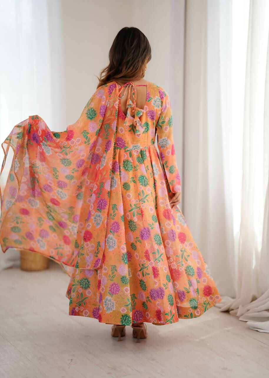 Teeya Creation Orange Soft Organza Digital Printed Party Wear Long Gown - Distacart