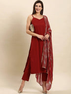 Janasya Maroon Kurta with Trousers & With Dupatta - Distacart