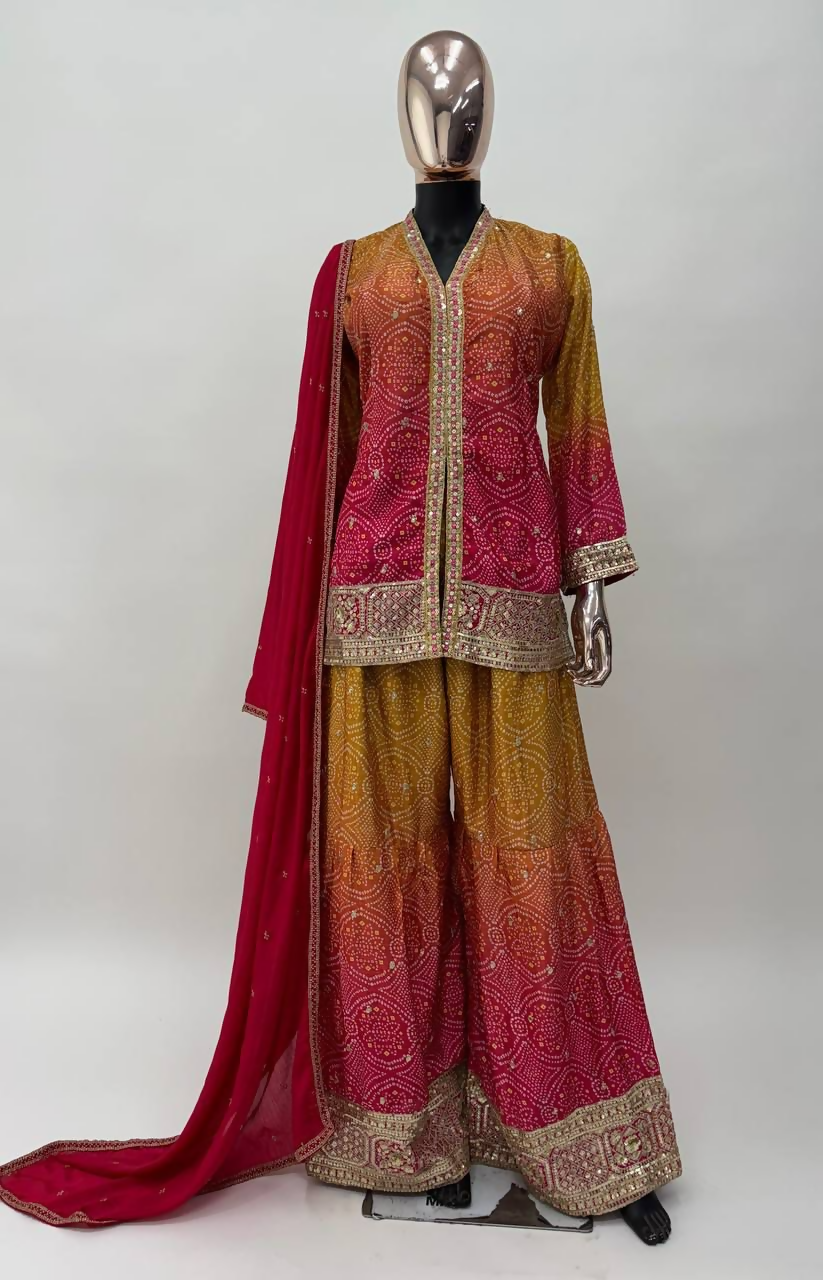 Lorenvalley Fashion Yellow and Pink Chinon Embroidery With Sequince Work Salwar Kameez Stitched