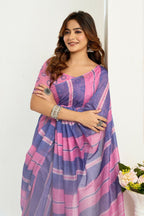 Vastranavya Pink Blue Digital Printed Linen Ready To Wear Designer Saree with Unstitched Blouse - Distacart