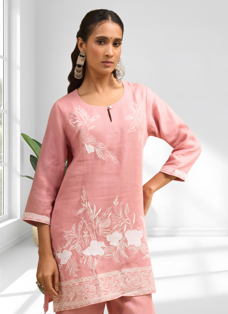 Joban Fashion Pink Linen Embroidered Readymade Cord Set - Distacart