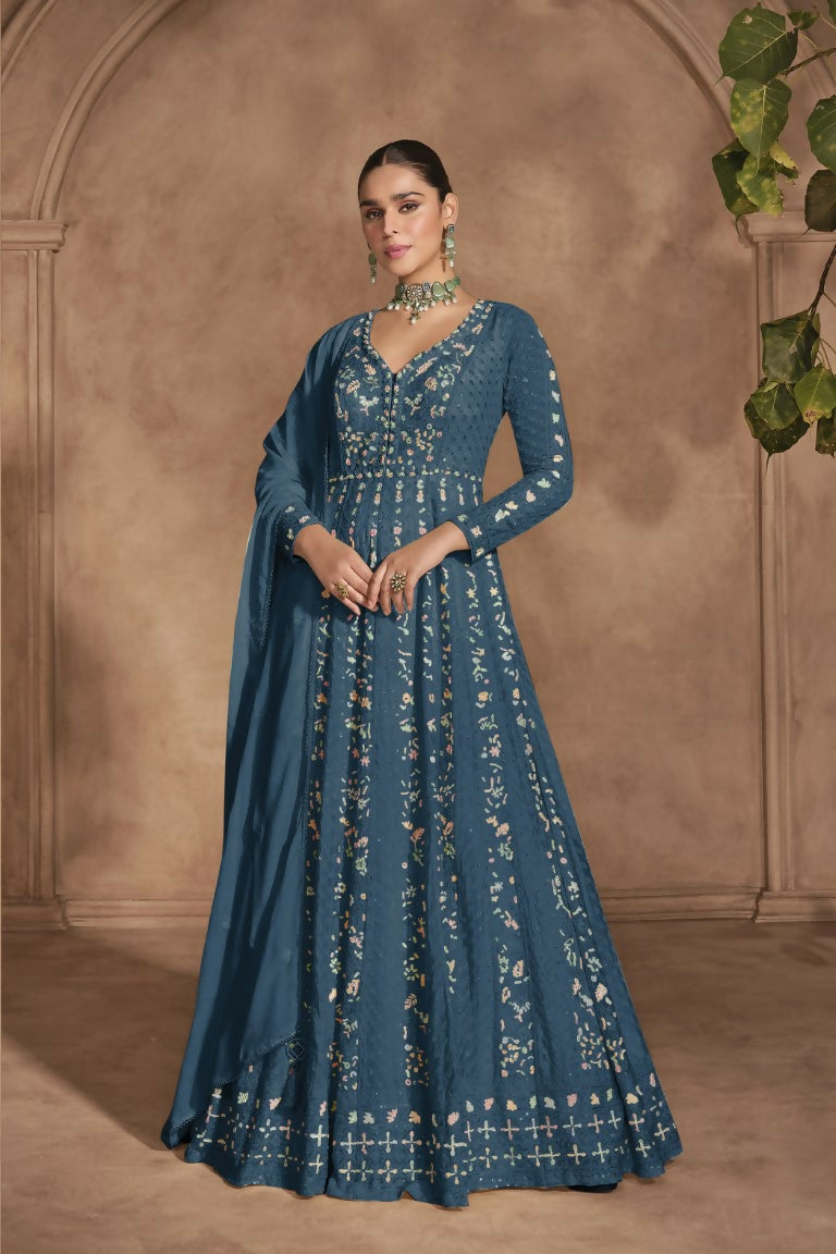 Vastranavya Teal Chikankari Embroidered Sequence Work Abaya Suit