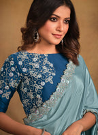 Light Blue Crepe Georgette Silk Designer Saree with Unstitched Blouse - Norita Mahitha