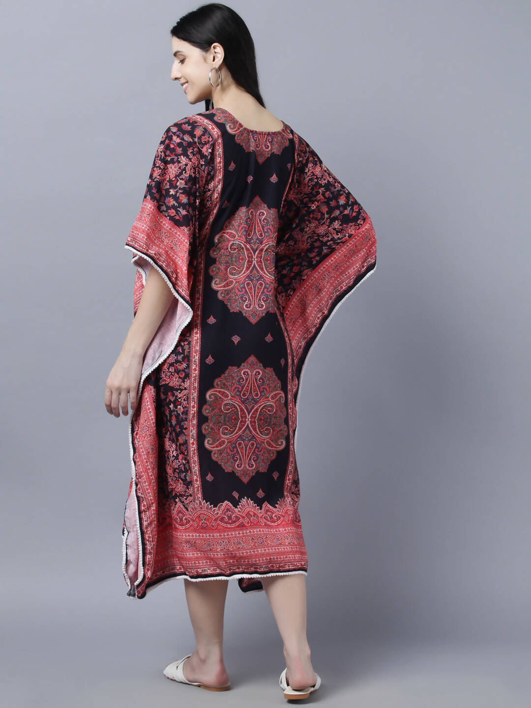 Myshka Peach-Coloured Purple Floral Kaftan Midi Dress - Distacart
