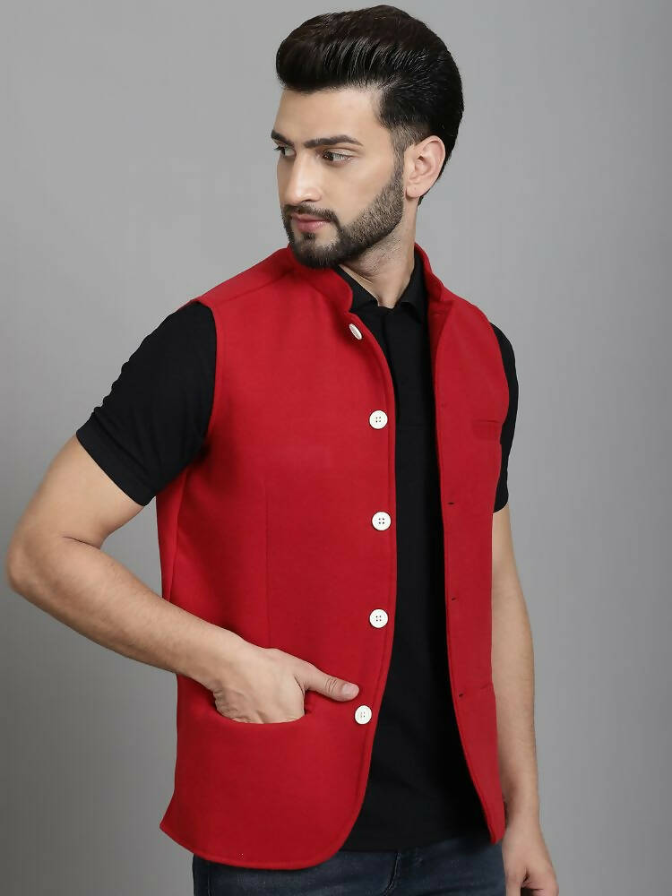 Even Apparels Nehru Jacket With Welt Pockets - Red