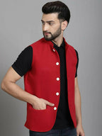 Even Apparels Nehru Jacket With Welt Pockets - Red