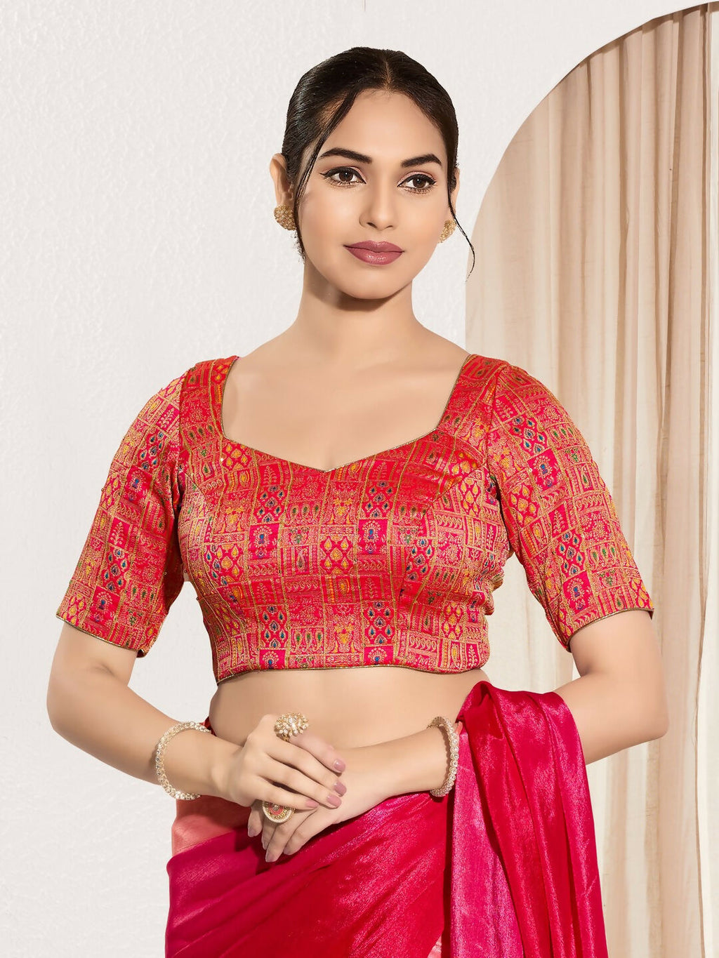 Joban Fashion Red Brocade Padded Blouse With Round Neck Elbow Sleeves - Distacart