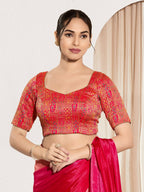 Joban Fashion Red Brocade Padded Blouse With Round Neck Elbow Sleeves - Distacart