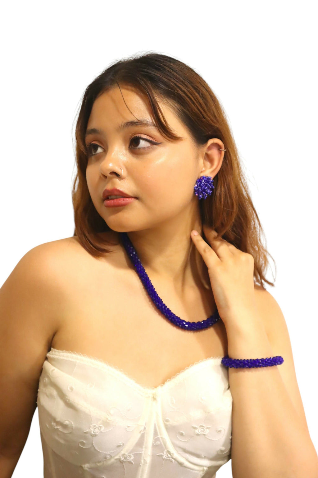 Inhanns Complete Look Crystal Statement 3-Piece Set (Adjustable Necklace + Earrings + Adjustable Bangle ) - Blue