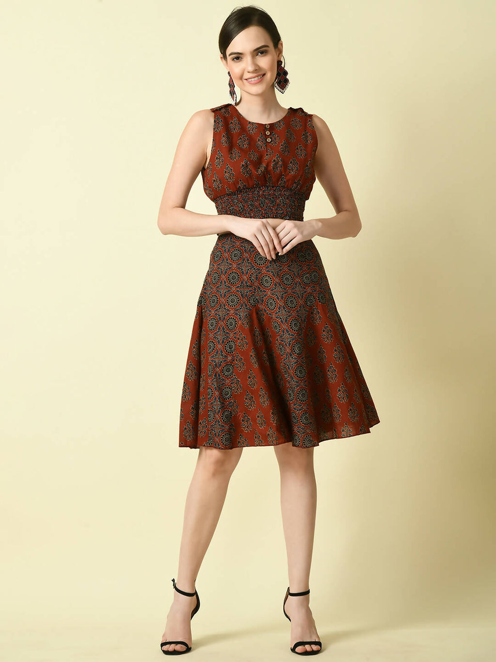 Myshka Women's Rust Round Neck Top With Skirt