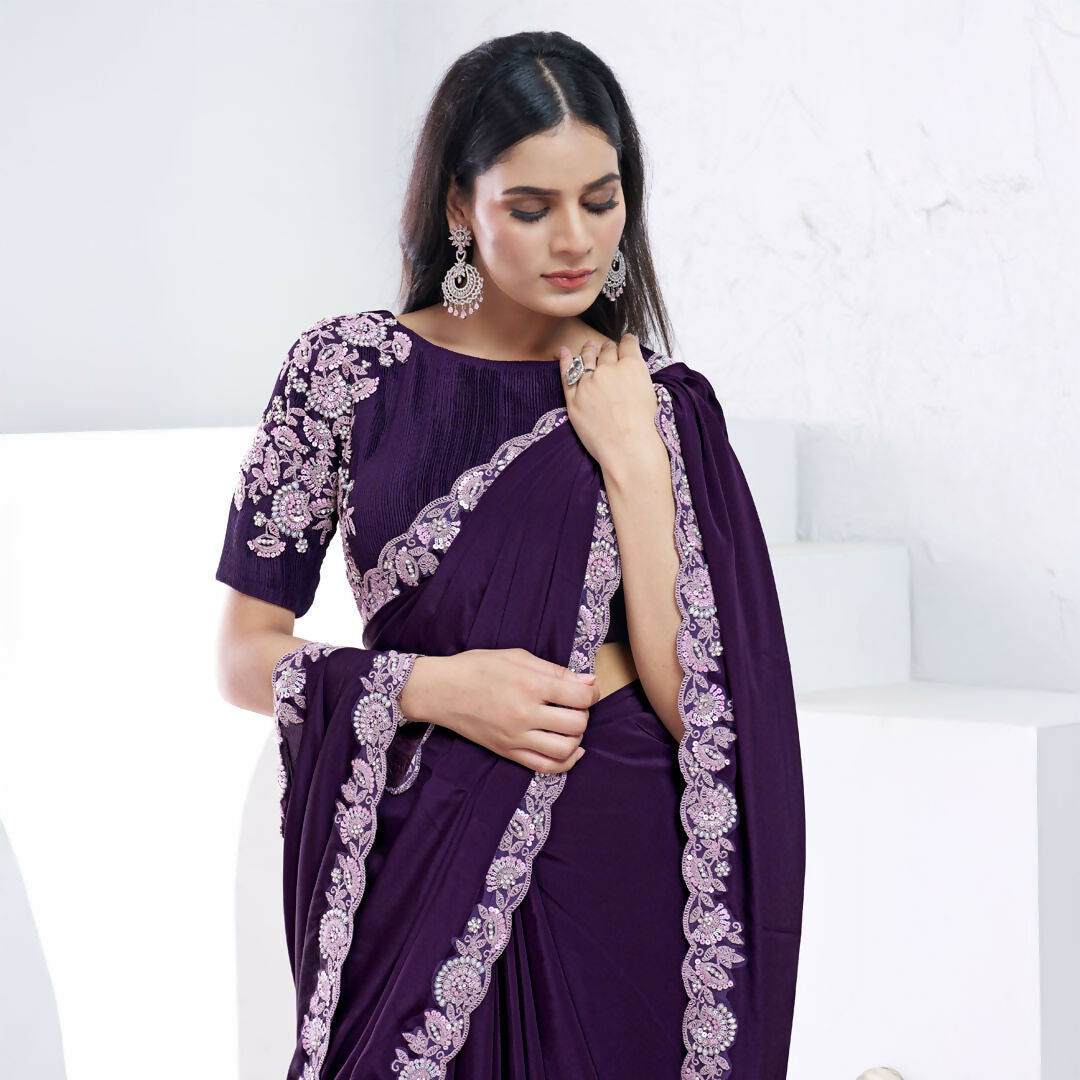 Purple Pure Crepe Silk Dual Sequence With Moti Work Saree With Unstitched Blouse - Norita Swaraa