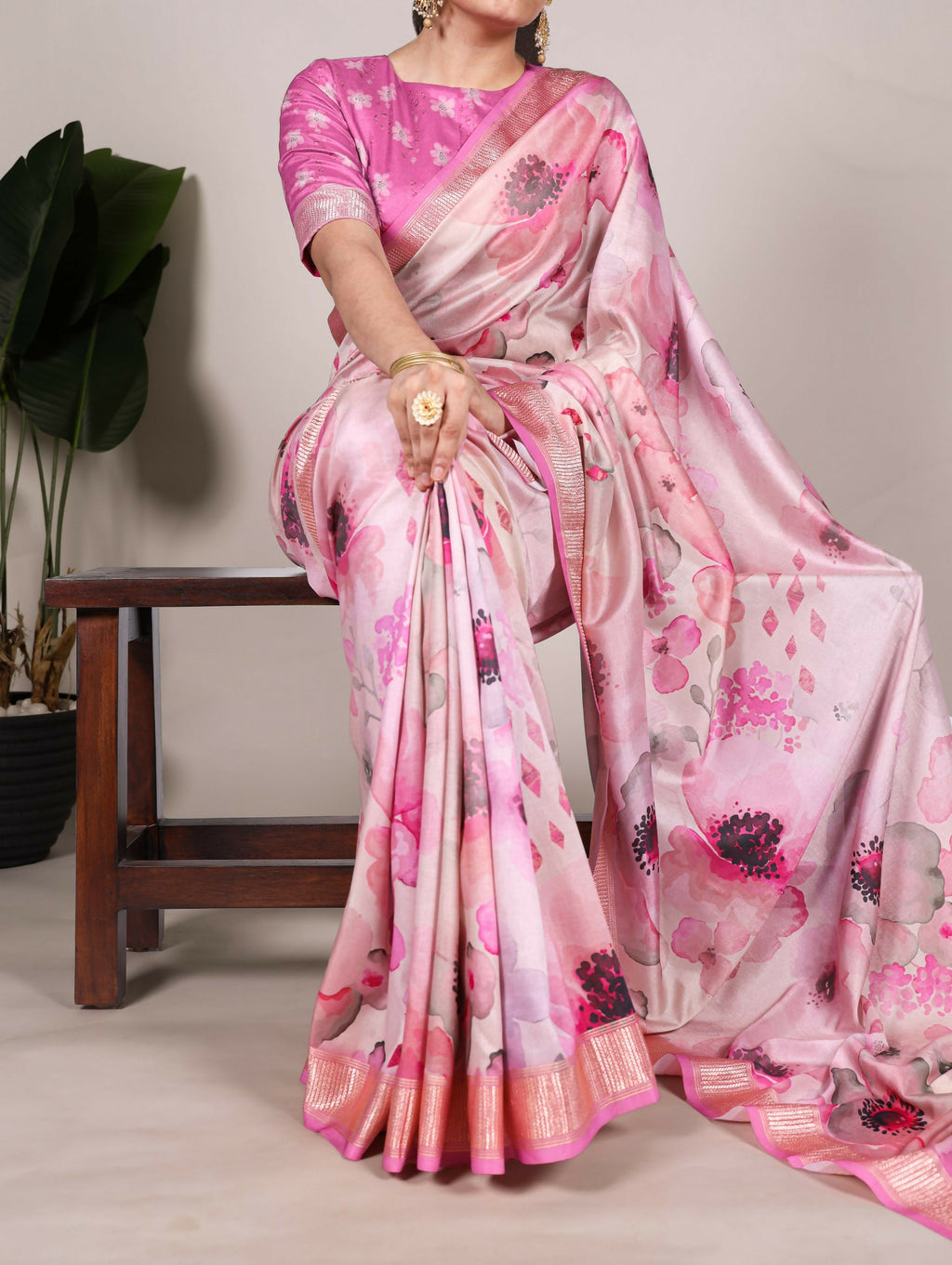 Vastranavya Pink Tussar Silk Printed with Viscose Border Saree with Unstitched Blouse - Distacart