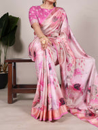 Vastranavya Pink Tussar Silk Printed with Viscose Border Saree with Unstitched Blouse - Distacart