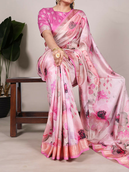 Vastranavya Pink Tussar Silk Printed with Viscose Border Saree with Unstitched Blouse