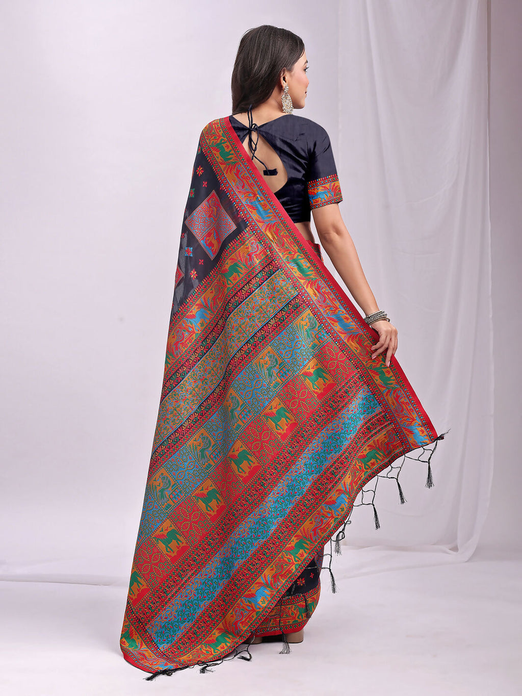 Shree Shyam Fashion Vastraloom Navy Blue Linen Cotton Saree