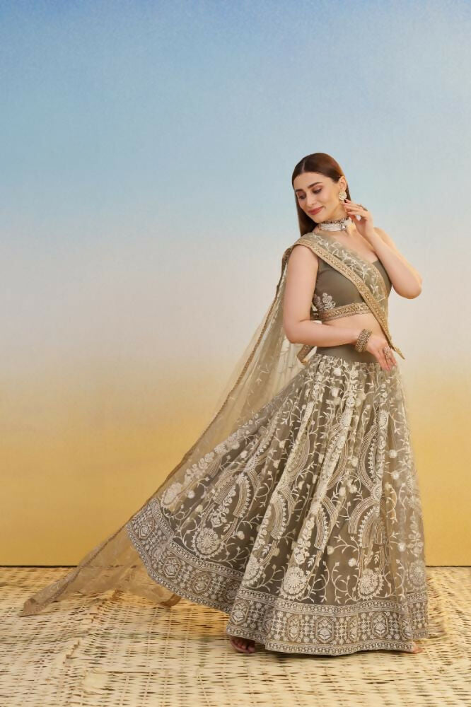 Aastha Fashion Ivory Butterfly Net White Cotton Thread Work And Sequence Work Embroidery Wedding Wear Lehenga Choli