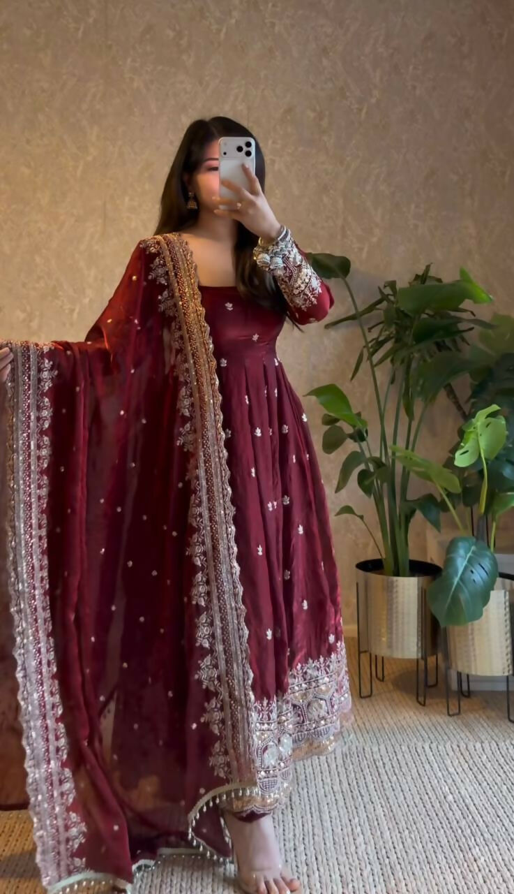 Teeya Creation Maroon Fendi Silk Designer Heavy Work Wedding Wear Long Gown